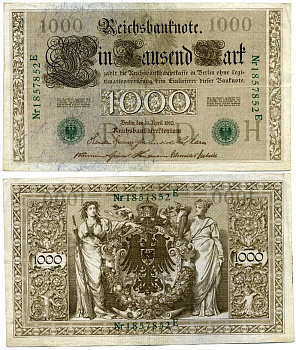 ГЕРМАНИЯ 1000 МАРОК 1910 ЗЕЛЕНАЯ ПЕЧАТЬ, 7 ЦИФР В НОМЕРЕ Pick 45b бумага 3295-120-2-1