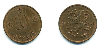 Финляндия 10 пенни 1919 KM 24 медь 37-234