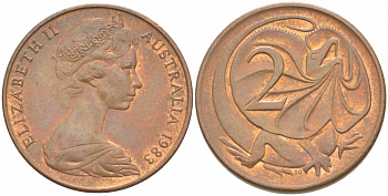 АВСТРАЛИЯ 2 ЦЕНТА 1983 ЕЛИЗАВЕТА II, МОЛОДОЙ ПОРТРЕТ, ПЛАЩЕНОСНАЯ ЯЩЕРИЦА (FRILLED LIZARD) KM 63 бронза 4539-947