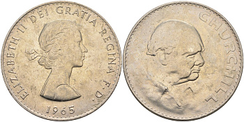 Великобритания 1 крона (5 шиллингов) 1965 Уинстон Черчилль, Елизавета II (1952-2022), в оригинальной пластиковой коробке KM 910, Spink 4144 медно-никель UNC 00-00