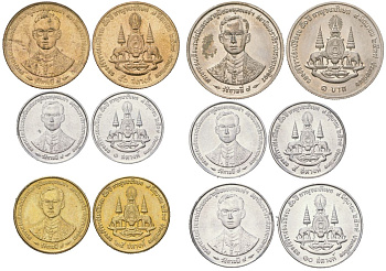 Таиланд набор из 6 монет (1, 5, 10, 25 и 50 сатангов; 1 бат) 1996 BE 2539, Рама IX (1946-2016), 50 лет правлению Короля Рамы IX KM 342, 343, 344, 345, 346 и 347 алюминий, алюминиевая бронза, медно-никель UNC N6-33