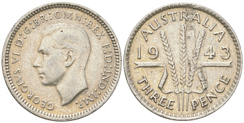 Австралия 3 пенса 1943 Георг V (1936-1952) KM 37 серебро 4621-1153