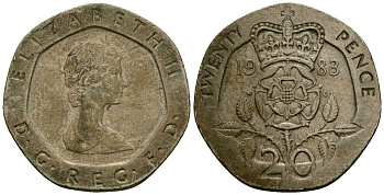 Великобритания 20 пенсов 1983 Елизавета II (1952-2022) KM 931, Spink 4230 (G1) медно-никель 4167-1256