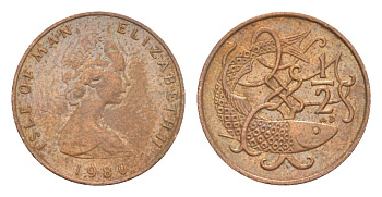 Остров Мэн 1/2 пенни 1980 Елизавета II (1952-2022) KM 58 бронза 4647-144