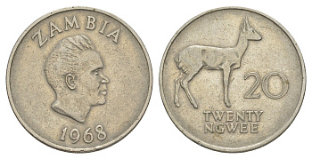 Замбия 20 нгве 1968 Кеннет Каунда, редунки KM 13 медно-никель 4150-924
