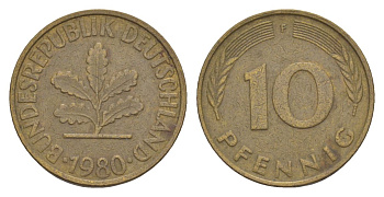 ФРГ 10 пфеннигов 1980 F KM 108, J. 383 сталь плакированная латунью 4630-1268