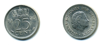 Нидерланды 25 центов 1966 Юлиана (1949-1980) KM 183 никель 76-513
