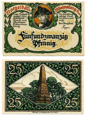 Райнсберг 25 пфеннигов 1922 нотгельд (OBELISK), земля Бранденбург Grabowski 1120.4b бумага 2196-3-1-1