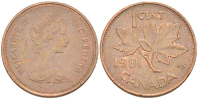 Канада 1 цент 1981 Елизавета II (1952-2022), кленовый лист KM 127 бронза 75-1434