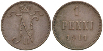 Россия для Финляндии 1 пенни 1911 Николай II (1894-1917) KM 13, Биткин 471 медь 4396-1339