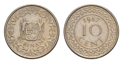 Суринам 10 центов 1987 KM 13a медно-никель UNC 4649-1013