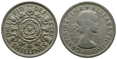 Великобритания 2 шиллинга (флорин) 1955 Елизавета II (1952-2022) KM 906, Spink 4146 медно-никель 4607-911