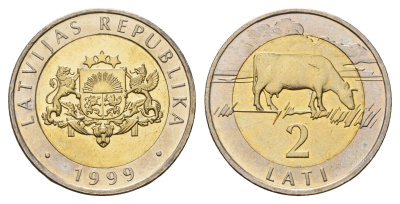 Латвия 2 лата 1999 корова KM 38 биметалл UNC 4652-842