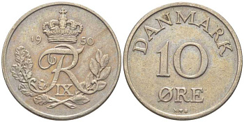 ДАНИЯ 10 ЭРЕ 1950 N;S, ФРЕДЕРИК IX (1947-1972)KM 841,1 медно-никель 201-1211