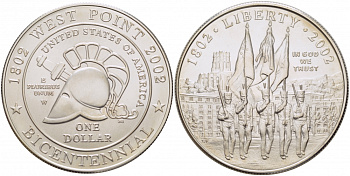 США 1 доллар 2002 W, 200 лет военной академии в Вест Поинте KM 338 серебро UNC 1077-2-24