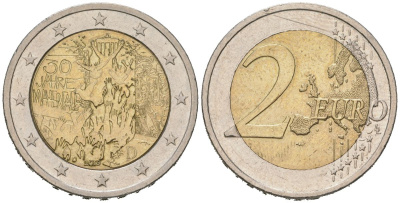 Германия 2 евро 2019 D, 30 лет падению Берлинской стены KM 429 биметалл 3334-243
