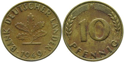ФРГ 10 ПФЕННИГОВ 1949 F KM 103, J.378 сталь плакированная латунью 98-353
