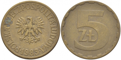 ПОЛЬША 5 ЗЛОТЫХ 1983 MW KM 81.1 латунь 4548-646