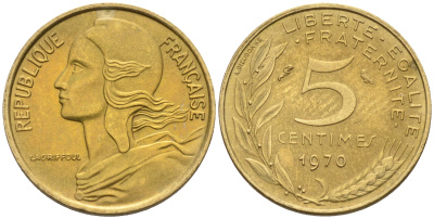 Франция 5 сантимов 1970 тип Марианна KM 933 никель алюминий медь    4594-1127