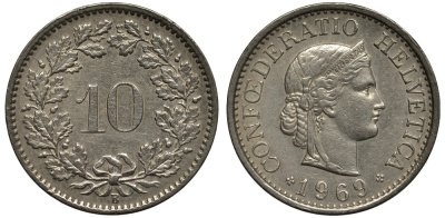 Швейцария 10 раппенов 1969 В KM 27 медно-никель 186-912