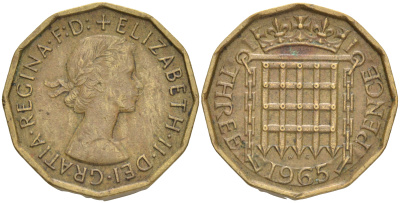 Великобритания 3 пенса 1965 Елизавета II (1952-2022) KM 900, Spink 4153 никель латунь 4556-631
