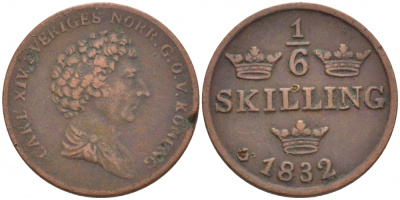 Швеция 1/6 скиллинга 1832 Карл XIV Юхан (1818-1844) KM 635 (434) медь 175-1043