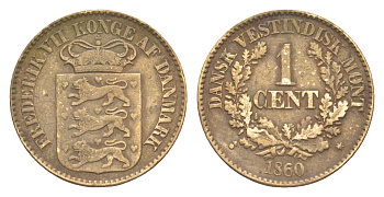 Датская Вест-Индия 1 цент 1860 Фредерик VII KM 63 бронза 603-731