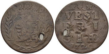 НИДЕРЛАНДЫ, ЗАПАДНАЯ ФРИЗИЯ 1 ДУИТ 1720 WEST FRISIAE KM 100 медь 73-1641