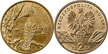 Польша 2 злотых 2000 MW, серия сохраним природу, удод KM 388 нордик  UNC 4521-825