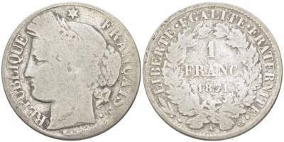 Франция 1 франк 1871 A KM 822.1 серебро  00-00