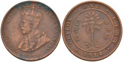ЦЕЙЛОН 1 ЦЕНТ 1914 ГЕОРГ V KM 107 медь 68-716