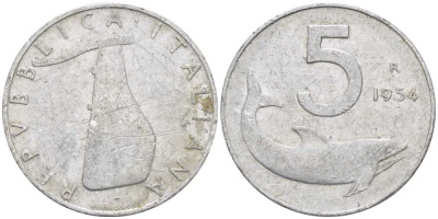 ИТАЛИЯ 5 ЛИР 1954 R, РУЛЬ, ДЕЛЬФИН KM 92 алюминий 65-844