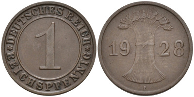 Германия 1 рейхспфенниг 1928 F KM 37, J.313, Weege 2 медь 4585-567
