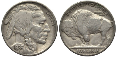 США 5 ЦЕНТОВ 1936 ИНДЕЕЦ, БИЗОН KM 134 медно-никель 27-647