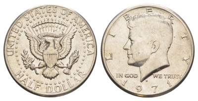 США 1/2 доллара (50 центов) 1971 D, Джон Кеннеди KM 202b медь плакированная медно-никелем aUNC 114-1043