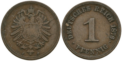 Германия 1 пфенниг 1876 F KM 1, J. 1, Weege 1 медь 4547-854