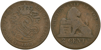 Бельгия 2 сантима 1863 Belges KM 4.2 медь 4135-942