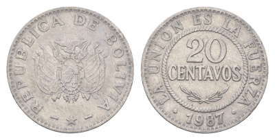 Боливия 20 сентаво 1987 KM 203 нержавеющая сталь 4663-333
