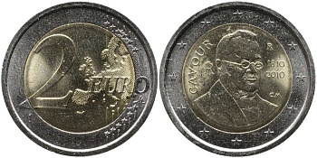 Италия 2 евро 2010 200 лет со дня рождения Камилло Бенсо Кавура KM 328 биметалл UNC 115-1136
