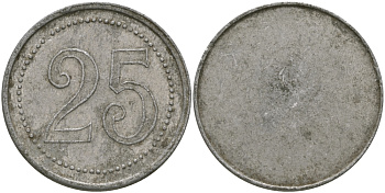 ФРАНЦИЯ 25 САНТИМОВ ND ПЛАТЕЖНЫЙ ЖЕТОН НАЧАЛА XX ВЕКА, ОДНОСТОРОННИЙ ЧЕКАН, ЦИФРЫ НОМИНАЛА 12 ММ., ДИАМЕТР 24 ММ. алюминий 98-944