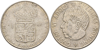 Швеция 1 крона 1962 U, Густав VI Адольф (1950-1973) KM 826 серебро 4150-124