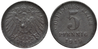 Германия 5 пфеннигов 1919 D KM 19, J. 297, Weege 5 железо 4118-1242
