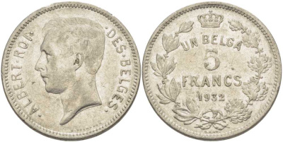 БЕЛЬГИЯ 5 ФРАНКОВ 1932 АЛЬБЕРТ I, DES BELGES KM 97.1 никель 3851-216