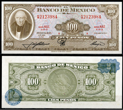 Мексика 100 песо 1963 Мигель Идальго-и-Костилья, серия ASZ Pick 61 b  бумага  UNC (пресс) 8615-7-1-2