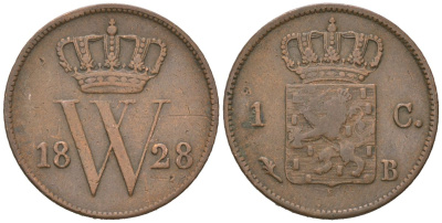 Нидерланды 1 цент 1828 B, Виллем I (1815-1840) KM 47 медь 4181-926