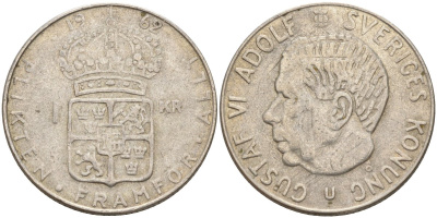 Швеция 1 крона 1962 U, Густав VI Адольф (1950-1973) KM 826 серебро 4150-124