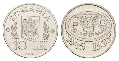 Румыния 10 леев 1995 N, 50 лет продовольственной программе - ФАО KM 117 сталь плакировнная никелем BU 11-264-22
