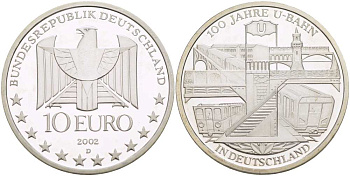 ФРГ 10 евро 2002 D, 100 лет немецкому метро KM 216, DE.S. 10.2 серебро PROOF 1085-5-33