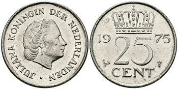 Нидерланды 25 центов 1975 Юлиана (1949-1980) KM 183 никель 96-241