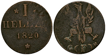 Франкфурт 1 геллер 1820 GB AKS 30, Jaeger 10, KM 301 медь 4548-1113